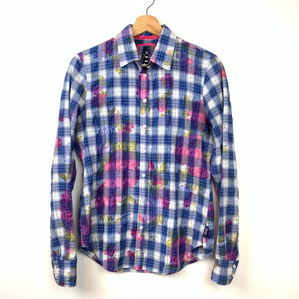 Saint James Mademoiselle Blouse Button Shirt Plaid Floral Flowers Sz 6 US XS